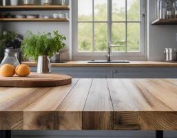 Empty wooden top table in kitchen with blurred window background in the morning photo