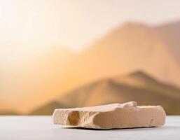 Stone podium beige concept with blurred background with light shadow photo