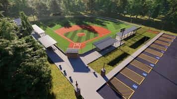 parking lot baseball field dugout in the middle of the forest 3d rendering video