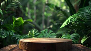 Wooden 3d podium stage in tropical forest for product presentation background photo