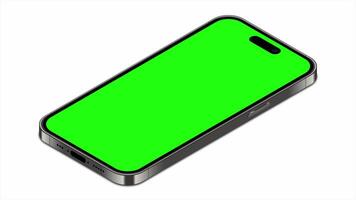 smartphone geanimeerd mockup met groen scherm. realistisch smartphone model. isometrische smartphone animatie. smartphone apparaat isometrische technologie. 4k geanimeerd in isometrische stijl video