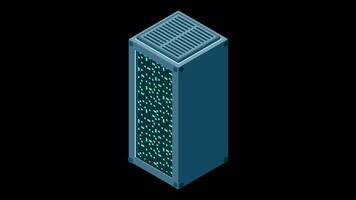 Isometric server animation. Network server room. 3D computer equipment. Storage database. Isometric technology. Transparent background with alpha channel video