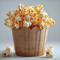 Popcorn in a striped bucket on a gray background. photo