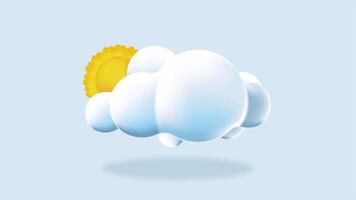 3d wolk en zon animatie. tekenfilm pluizig wolk en zon icoon. tekenfilm wolk en zon. realistisch pluizig wolk en zon. 4k naadloos lus animatie video