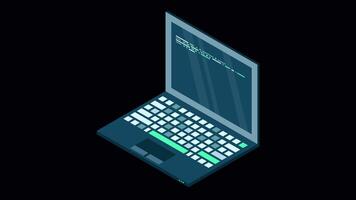 Isometric laptop animation. 3d isometric laptop computer. Abstract programming language and program code on a laptop screen. Transparent background with alpha channel video