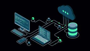 nube tecnologia calcolo animazione. moderno nube tecnologia. dati centro isometrico concetto. isometrico nube tecnologia con Banca dati. ragnatela ospitando concetto. trasparente sfondo con alfa canale video