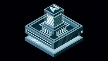 Artificial intelligence micro chip animation. Quantum computing. Artificial intelligence computer. Isometric machine programming. Transparent background with alpha channel video