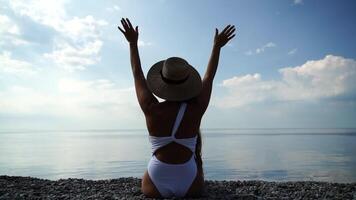 Woman traveller arms raised. Happy relaxed woman breathing fresh air raising arms over blue sky at summer, Dreaming, freedom and traveling concept. video