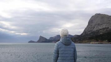 un' donna turista solleva sua mani su, in piedi su un' molo al di sopra di il mare contro il sfondo di il cielo e montagne, vestito nel un' blu jack. osservazione di il bellissimo scenario su il costa. video