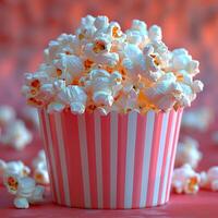 Popcorn in a striped box on a pink background, close-up photo