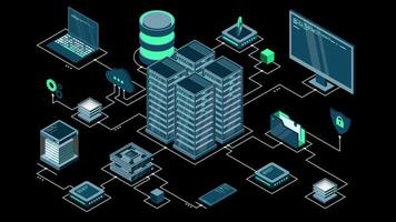 isometrische computer technologie animatie. berekening van groot gegevens centrum. wolk computergebruik. online apparaten uploaden en downloaden informatie. transparant achtergrond met alpha kanaal video