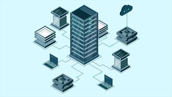 isometrisch Computer Technologie Animation. Berechnung von groß Daten Center. Wolke Rechnen. online Geräte hochladen und herunterladen Information. 4k animiert im isometrisch Stil video