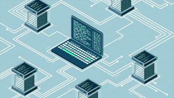 resumen isométrica alto tecnología animación. nube almacenamiento isométrica ilustración. grande datos centrar con servidor. servidor habitación. 4k animado en isométrica estilo video