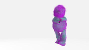 groen en Purper dik harig karakter dansen tegen wit achtergrond. lus reeks. 3d animatie video