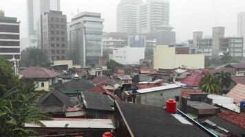 negligenciar uma chuvoso paisagem urbana Misturando velho telhados e moderno edifícios video