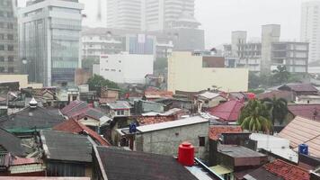 Rainy day view of city rooftops and high-rise structures in the distance video