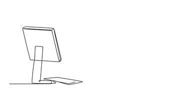 Animated self drawing of continuous line draw smart young startup CEO sitting in front of computer and thinking seriously at office desk. Business thinking concept. Full length single line animation video