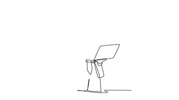 Animé soi dessin de continu ligne dessiner Jeune affaires homme permanent tandis que en portant tablette et en pensant à propos affaires stratégie à bureau. affaires idée concept. plein longueur Célibataire ligne animation video