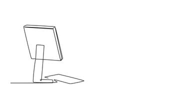 Animated self drawing of continuous line draw young tired male employee holding glasses while working in the office desk. Work fatigue because of work overload concept. Full length one line animation video