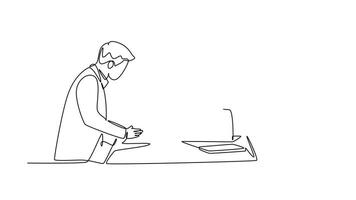 Animated self drawing of continuous line draw of young happy startup workers facing laptop computer to listen the CEO presenting business plan. Business meeting concept. Full length one line animation video