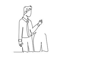 Self drawing animation of single line draw of young happy male and female workers standing and discussing project at meeting room. Work discussion at office. Continuous line draw. Full length animated video