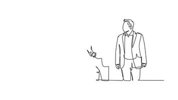 Self drawing animation of single line draw young male and female employees have a little chat while a working break at the head office. Workers daily life. Continuous line draw. Full length animated video