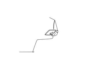 Animated self drawing of continuous line draw of young manager focus thinking about his career and continuity in company after promotion. Successful career path concept. Full length one line animation video