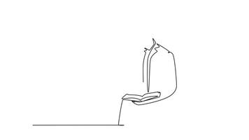 Animated self drawing of continuous line draw smart young manager standing and looking up far away and thinking business strategy at office. Business planning concept. Full length one line animation video