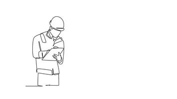 Animated self drawing of continuous line draw of young architect, manager, and engineer meeting at building construction site. Building architecture business concept. Full length single line animation video