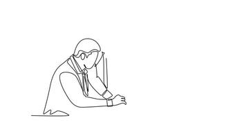 Animated self drawing of continuous line draw of young business man and business woman discussing project learning data graph on laptop screen. Business meeting concept. Full length one line animation video