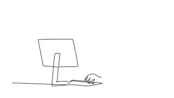 Animated self drawing of continuous line draw of young business manager sitting on his desk in front of laptop and thinking strategy to grow corporation. Company growth. Full length one line animation video