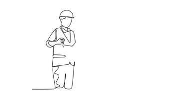 Animated self drawing of continuous line draw of attractive young architect discussing construction design with foreman manager. Building architecture business concept. Full length one line animation video