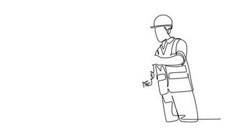 Animated self drawing of continuous line draw of smart young construction coordinator discussing construction design plan to team member. Building architecture business. Full length one line animation video