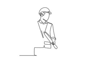 Animated self drawing of continuous line draw attractive young construction manager giving instruction to foreman coordinator. Building architecture business concept. Full length single line animation video