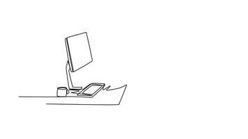 animado yo dibujo de continuo línea dibujar inteligente joven gerente pensando seriamente a su escritorio en frente el monitor computadora. negocio innovación proceso concepto. lleno longitud soltero línea animación video