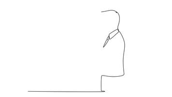 Self drawing animation of single line draw young male worker seriously staring out of window from office building. Focus thinking on company growth concept. Continuous line draw. Full length animated video