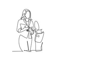 Self drawing animation of single line draw young businessman and business woman standing and discussing project company together at office. Informal meeting. Continuous line draw. Full length animated video