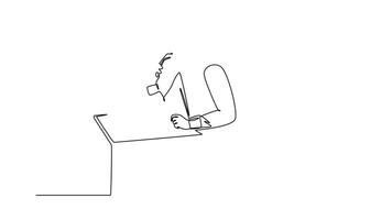 Self drawing animation of single line draw young manager focus thinking and holding his chin using hands while sitting in front of computer. Business idea. Continuous line draw. Full length animated video