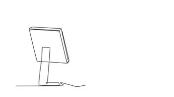 Animated self drawing of continuous line draw of smart young female manager sitting calmly in front of laptop and thinking of business strategy at office. Business idea. Full length one line animation video