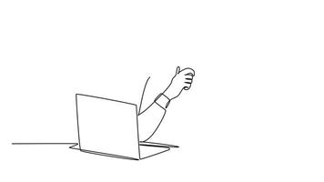 yo dibujo animación de soltero línea dibujar de joven masculino trabajador sentado y pensando seriamente en frente de computadora pantalla a el oficina. trabajo atención concepto. continuo línea dibujar. lleno longitud animado video