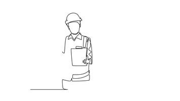 Animated self drawing of continuous line draw active young construction manager do short brief to builder coordinator on site. Building architecture business concept. Full length single line animation video