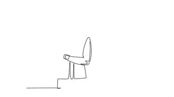 Animated self drawing of continuous line draw front view young startup founder standing and thinking about business strategy for office meeting. Business ideas concept. Full length one line animation video