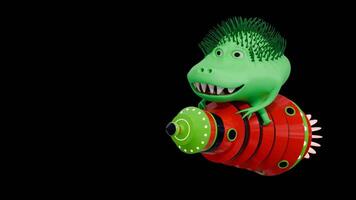 3D monster spiky happy green flying on a rocket animation video