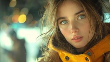 Intense close-up of a young woman with striking blue eyes and a yellow jacket, her hair tousled by the wind photo