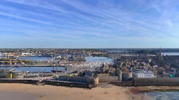 Saint Malo City, France flying over the beach and spring video