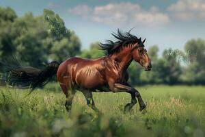 Brown horse stallion galloping green farm field wallpaper photo