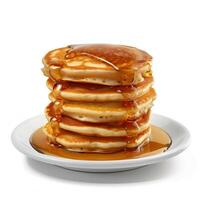 Pancakes with syrup on top on a plate white background photo