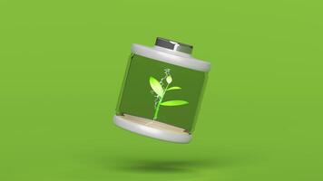 alkaline battery charge indicator with tree, thunder isolated on green background. charging battery technology concept, 3d illustration render video