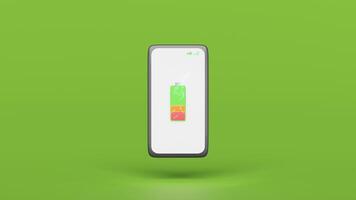 3d smartphone or mobile phone charging with battery charge indicator, check mark, thunder isolated on green background. charging battery technology concept, 3d render illustration video