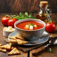 caliente tomate sopa con lado galletas y queso foto